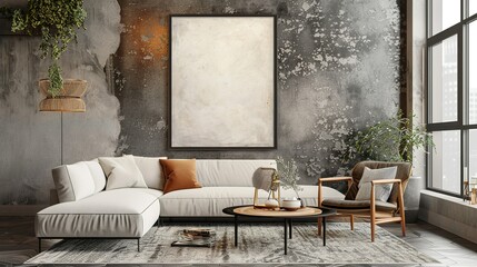 Modern Living Room with White Sectional Sofa,  Rustic Concrete Wall, and Large Window