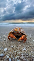 Close-up of a crab on a sandy beach with dark, stormy clouds in the background over the ocean.