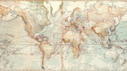 Naklejka premium A world map with postal routes highlighted, showing how mail connects people across continents