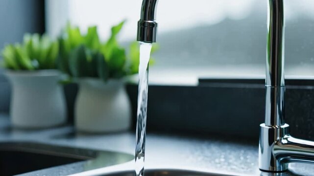 Clear water streams from a modern kitchen faucet into a stainless steel sink, with greenery visible behind the tap