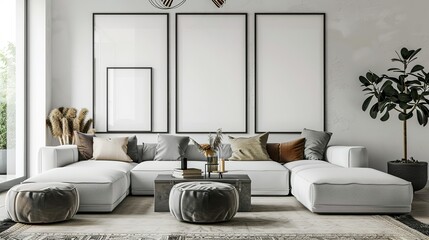 Minimalist Living Room with White Sectional Sofa, Ottoman, and Framed Artwork