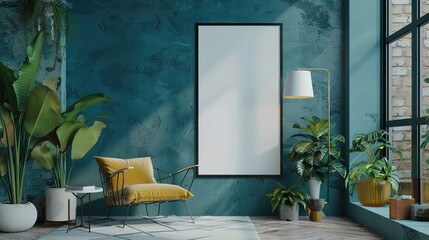 Teal Wall Room with Large Empty Frame and Plants