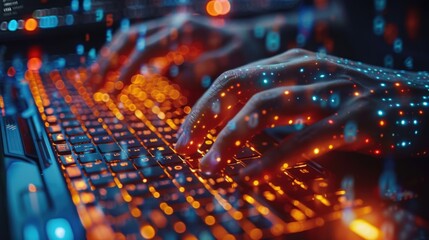 High-angle shot of a person coding encryption algorithms for infrastructure security. Space for text.