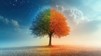 Lonely tree depicted through four seasons in a time-lapse style, showcasing changes in nature.