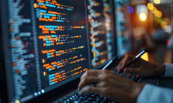 High-angle of a person writing security code to prevent malware, minimalist design. Space for text.