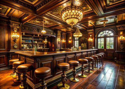Dark wooden counter, ornate gilded ceiling, and rich leather stools evoke a sophisticated ambiance in this opulent, nostalgic tavern scene.