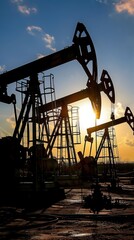 Naklejka premium Silhouette of oil pump jacks at sunset in an oil field, depicting energy production and extraction