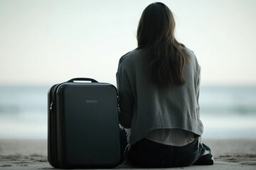 Fototapeta premium A woman sitting on the beach with her suitcase, looking out at the sea.