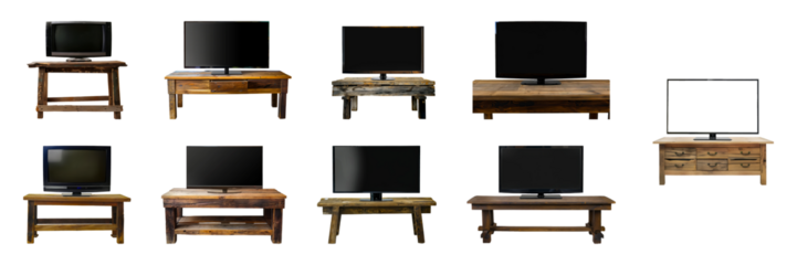 Vintage televisions on rustic wooden stands isolated on transparent background