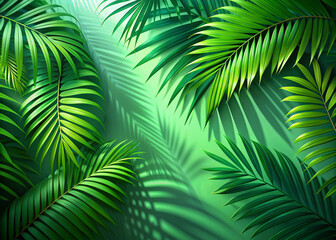 Vibrant green abstract background with intricately detailed 3D rendered palm leaf shadows, evoking a sense of tropical serenity and calm refreshing atmosphere.