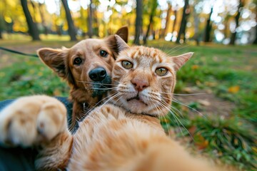 Cute cat and dog making selfie photo