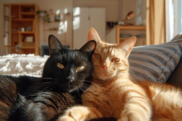 Naklejka premium Cute grey and ginger cats making selfie photo
