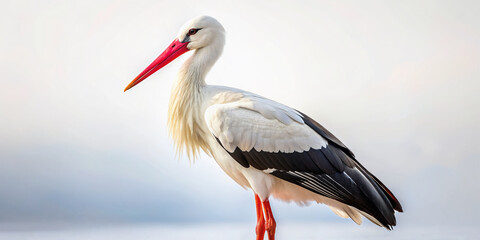 Fototapeta premium A majestic white stork with soft feathers, long neck, and strong legs stands alone on a pristine white background, conveying serenity and elegance.