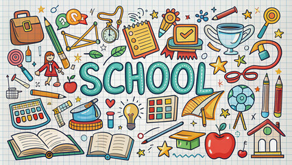 Colorful doodle elements for school theme, including inscription in a notebook, various school tools, and education icons, perfect for illustration related to training and lessons.