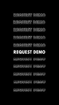 Animation with the phrase "request demo" in white, on a black background, appearing with a glitch effect and multiplying vertically.