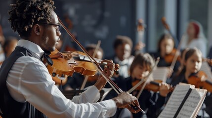 A music teacher conducting a multiethnic school orchestra during rehearsal, capturing the dynamic interaction between the teacher and the young musicians