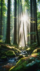 Obraz premium Stream Flowing Through Lush Green Forest