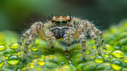 Fototapeta premium Jumping Spider on a Dew-Covered Leaf