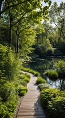 Fototapeta premium Wooden Path Cutting Through Lush Green Forest