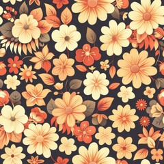 Floral Pattern Art Featuring Vibrant Flowers in Warm Tones Against a Dark Background