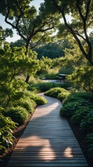 Fototapeta premium Wooden Path Through Lush Green Forest