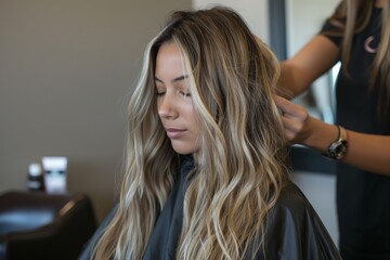 A woman in a beauty salon whose experienced stylist styles her hair in a fashionable and stylish long wavy ombre with highlights