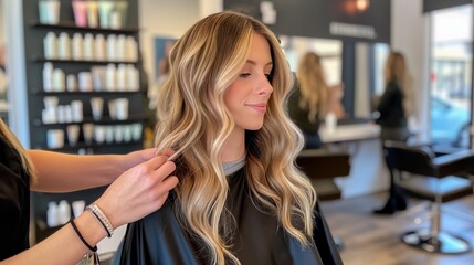 A woman in a beauty salon whose experienced stylist styles her hair in a fashionable and stylish long wavy ombre with highlights