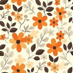 Floral Pattern Vector Art With Vibrant Orange Flowers and Leaves on a Cream Background
