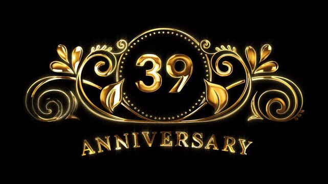 39th Anniversary Celebration. Happy 39 Years Anniversary Animation in Gold Color on the Transparent Background, Alpha Channel. Great for greetings, celebrations, events, and gifts.
