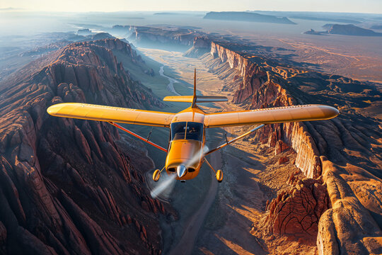 Yellow plane flying over desert canyon. Generative AI