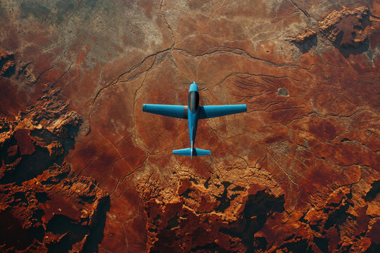 Small plane flying over desert landscape. Generative AI