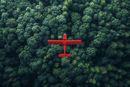 Red plane flying over lush green forest. Generative AI