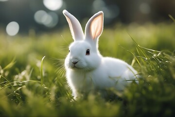 Obraz premium white baby rabbit grass animal nature cute easter mammal green pet small ear farm fur young meadow spring domestic furry rodent little hare background summer grey fluffy beautiful fauna playful