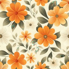 Vibrant Floral Pattern With Orange and White Flowers on Light Background