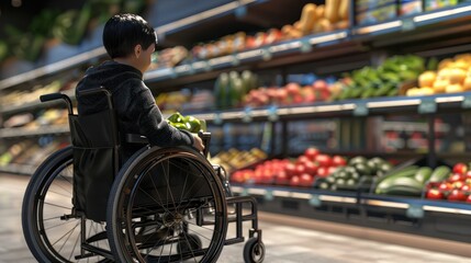 Obraz premium A young person in a modern wheelchair selects produce in a grocery store.