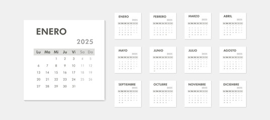 Black and white monthly calendar 2025 on Spanish language. Week starts on Monday. Desk or wall calendar in minimalist style