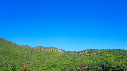 Fototapeta premium Panoramic view of green hills under a clear blue sky, capturing the vastness and tranquility of nature