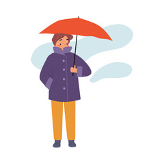 Bad Weather with Man Character with Umbrella Walk in Windstorm and Rain Vector Illustration