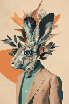 Surreal collage of a hare in formal attire. Generative AI image