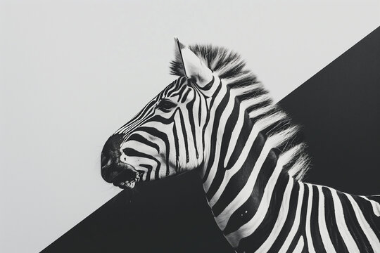 Black and white image of a zebra with geometric backdrop. Generative AI image