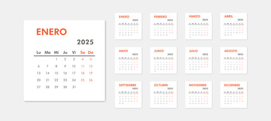 Monthly modern calendar 2025 on spanish language. Week starts on Monday