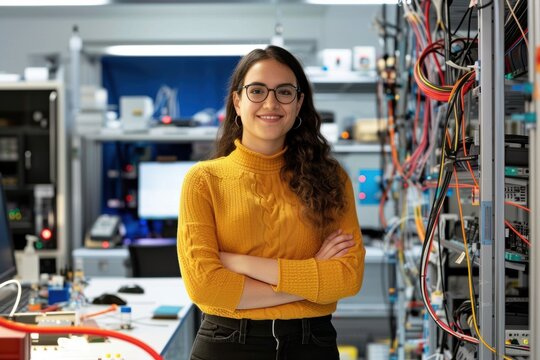 Portrait of early 20s female STEM student Waist-up view of casually dressed woman standing in electrical engineering lab and smiling at camera. Property release attached.