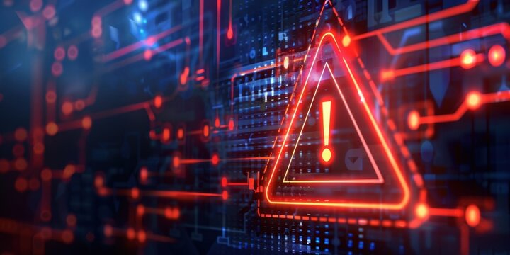 a cyber security warning sign with an exclamation mark on a digital screen background A glowing red triangle symbol in the style of an abstract concept for online safety, data protection Generative AI