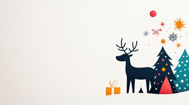 A whimsical greeting card design with a playful reindeer and a Christmas tree, featuring a festive and lighthearted message.