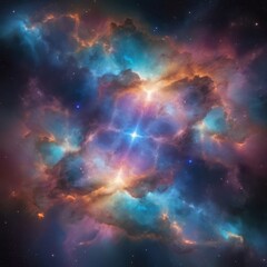 Obraz premium A captivating, galactic glow scene featuring a glowing, iridescent space cloud, reflecting the light of nearby stars and creating a kaleidoscope of colors
