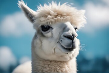 Obraz premium background blue alpaca funny white isolated animal nature llama farm mammal postcard country cute farming wool peru cuzco exotic lama closeup face