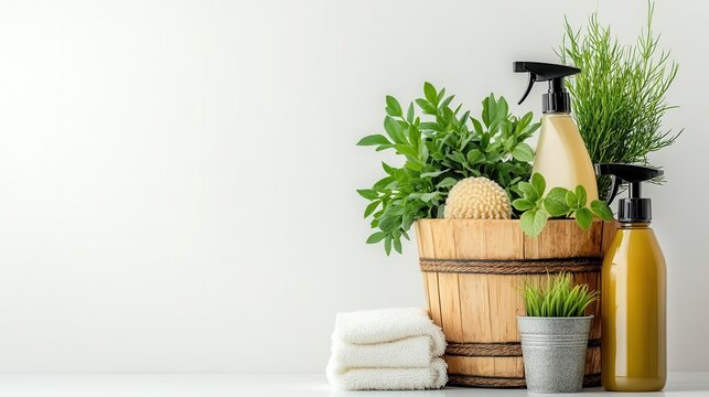 ecofriendly cleaning supplies arranged in rustic wooden bucket soft natural lighting highlights green products emphasizing sustainability white background for clean fresh aesthetic