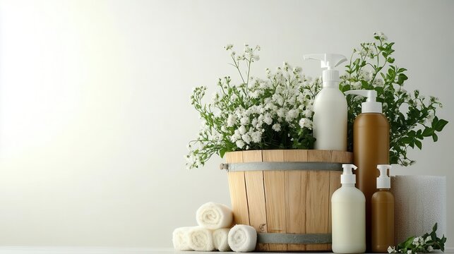 ecofriendly cleaning supplies arranged in rustic wooden bucket soft natural lighting highlights green products emphasizing sustainability white background for clean fresh aesthetic - Powered by Adobe