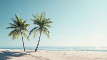 Two palm trees standing on a tranquil sandy beach with calm ocean waves under a clear blue sky.