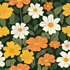 Minimalist Botanical Floral Pattern With Yellow and White Flowers on Dark Green Background